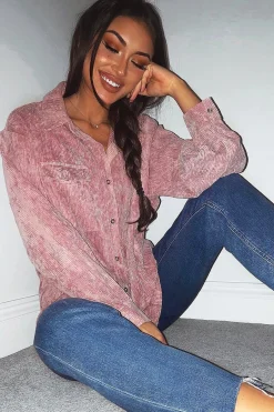 Rebellious Fashion Pink Corduroy Button Front Long Sleeve Shirt - Falcon