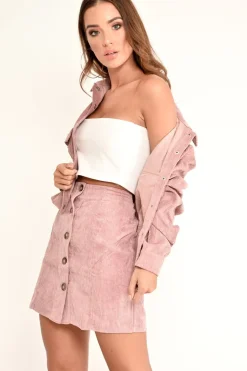 Rebellious Fashion Pink Corduroy Button Front Mini Skirt - Elcie