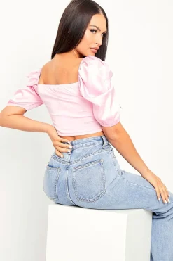 Rebellious Fashion Pink Corset Satin Hook and Eye Crop Top - Andreia
