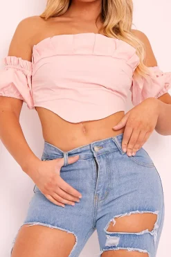 Rebellious Fashion Pink Cotton Pleated Bandeau Crop Top - Galaxy