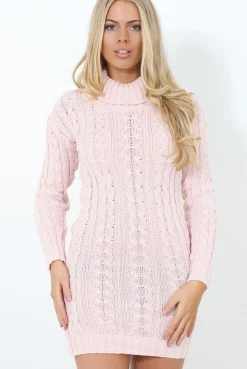 Rebellious Fashion Pink Cowl Neck Knitted Dress-Loria