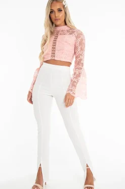 Rebellious Fashion Pink Crochet Lace Bell Sleeve Crop Top - Taylor
