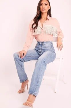 Rebellious Fashion Pink Diamante Fringe Shirt - Haidee