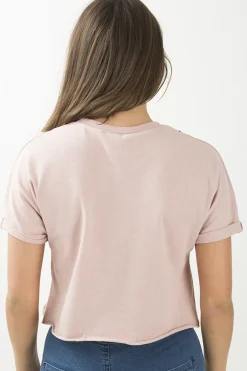 Rebellious Fashion Pink Distressed Badge Detail Crop Top - Toni