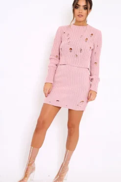 Rebellious Fashion Pink Distressed Cable Knit Co-ord - Dayla