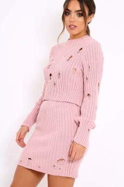 Rebellious Fashion Pink Distressed Cable Knit Co-ord - Dayla
