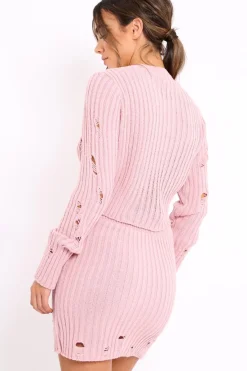 Rebellious Fashion Pink Distressed Cable Knit Co-ord - Dayla