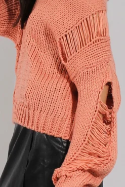 Rebellious Fashion Pink Distressed Detail Knitted Jumper - Lollie
