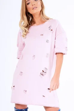 Rebellious Fashion Pink Distressed Detail Short Sleeved Jumper Dress - Cammie
