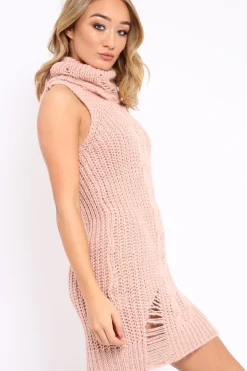Rebellious Fashion Pink Distressed Turtleneck Jumper Dress - Jenni