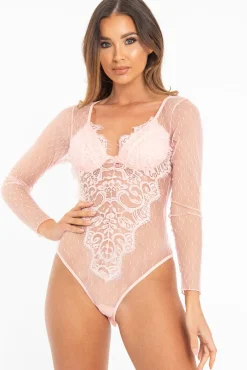 Rebellious Fashion Pink Dobby Mesh Low Cut Bodysuit - Tamara