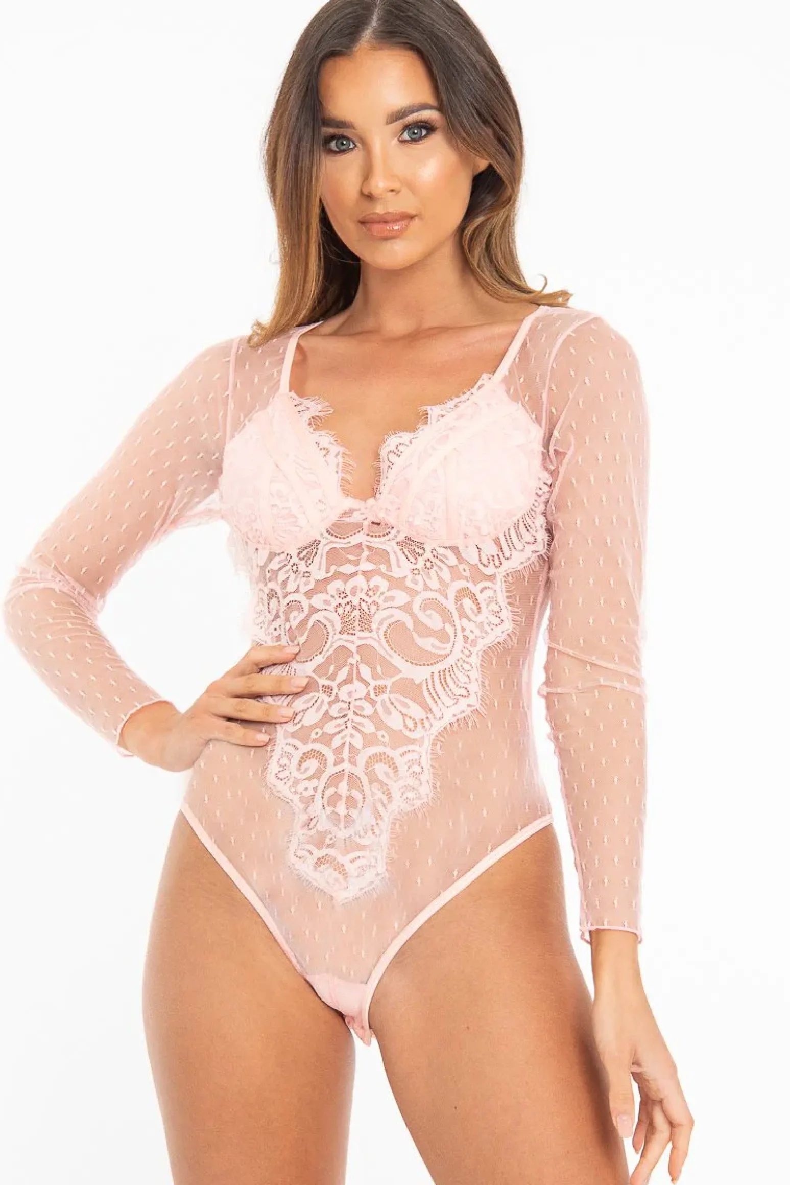 Rebellious Fashion Pink Dobby Mesh Low Cut Bodysuit - Tamara