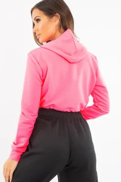 Rebellious Fashion Pink Elasticated Cropped Hoodie with Graphic Print - Montanna