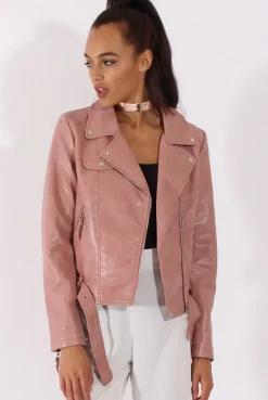 Rebellious Fashion Pink Faux Leather Biker Jacket - Dallas