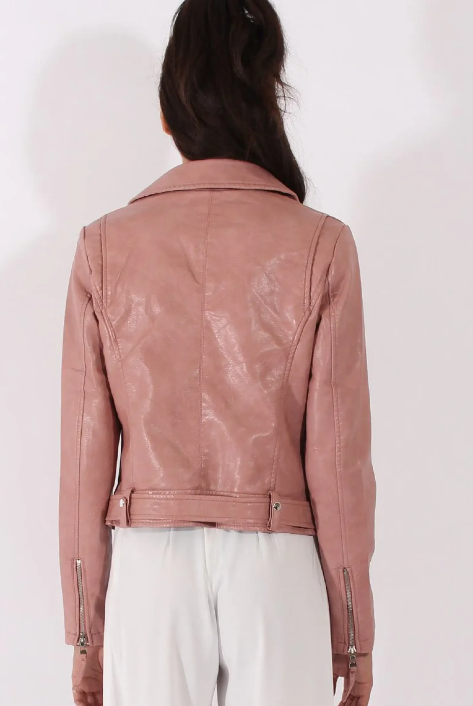 Rebellious Fashion Pink Faux Leather Biker Jacket - Dallas