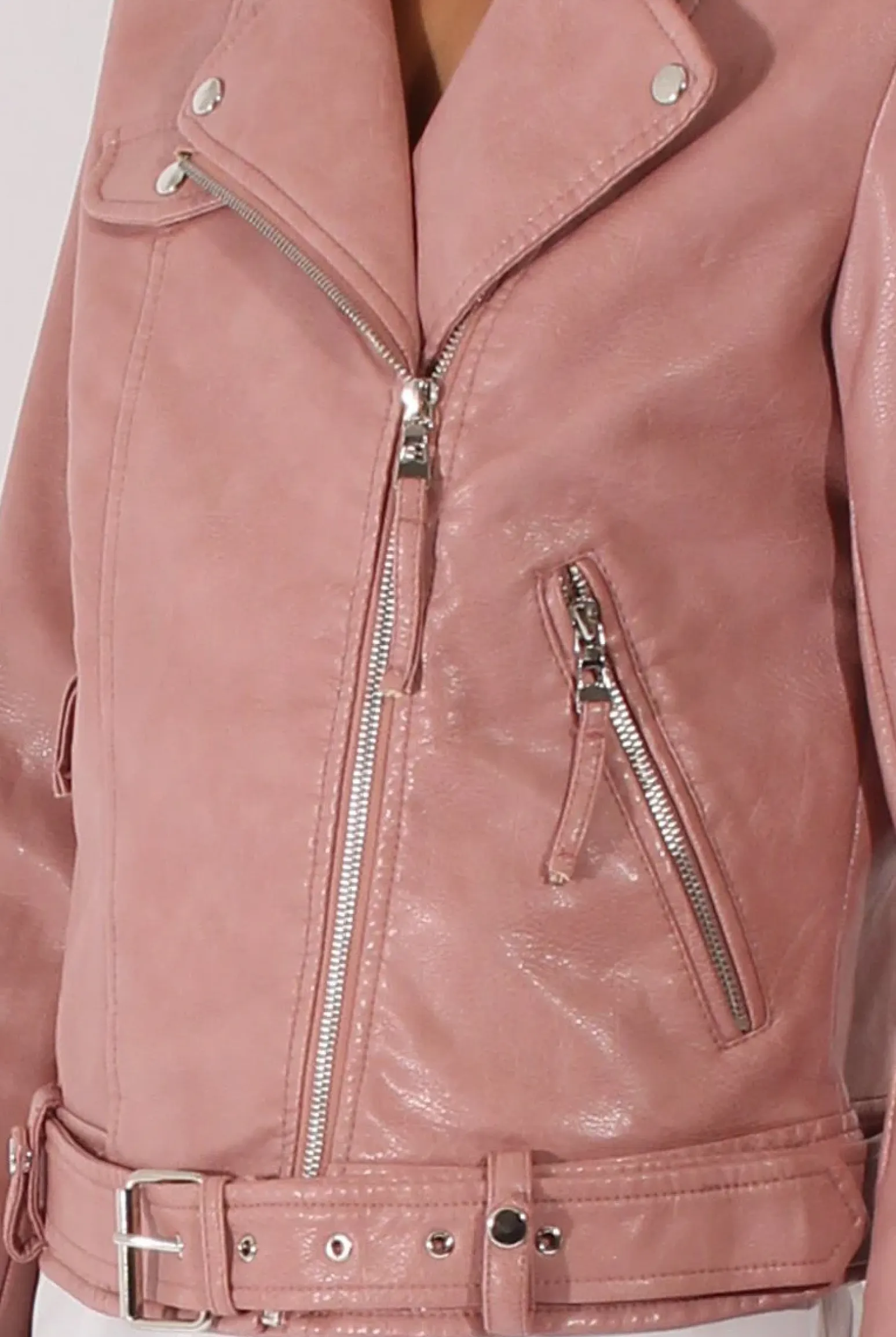 Rebellious Fashion Pink Faux Leather Biker Jacket - Dallas