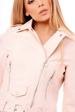 Rebellious Fashion Pink Faux Leather Lace Up Biker Jacket - Maisy