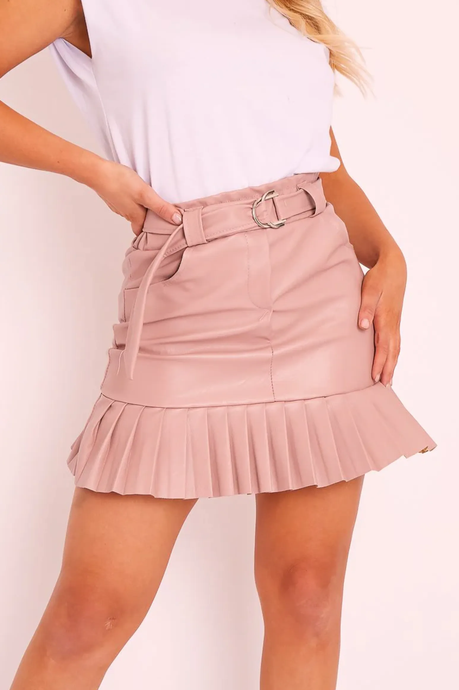 Rebellious Fashion Pink Faux Leather Pleated Belted Mini Skirt - Bex