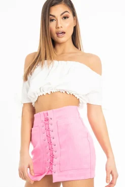 Rebellious Fashion Pink Faux Suede Lace Up Mini Skirt - Evelise