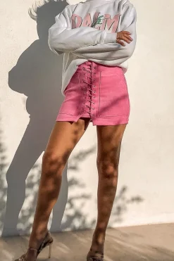 Rebellious Fashion Pink Faux Suede Lace Up Mini Skirt - Evelise