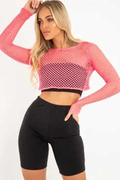 Rebellious Fashion Pink Fish Net Long Sleeved Crop Top - Ivory