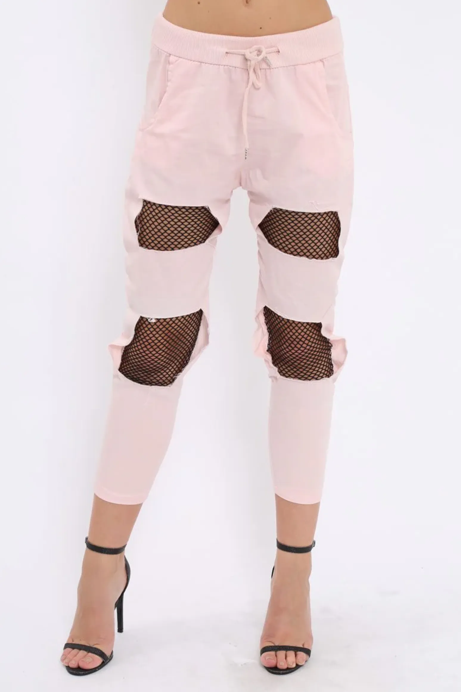 Rebellious Fashion Pink Fish Net Panel Detail Joggers - Mikaela