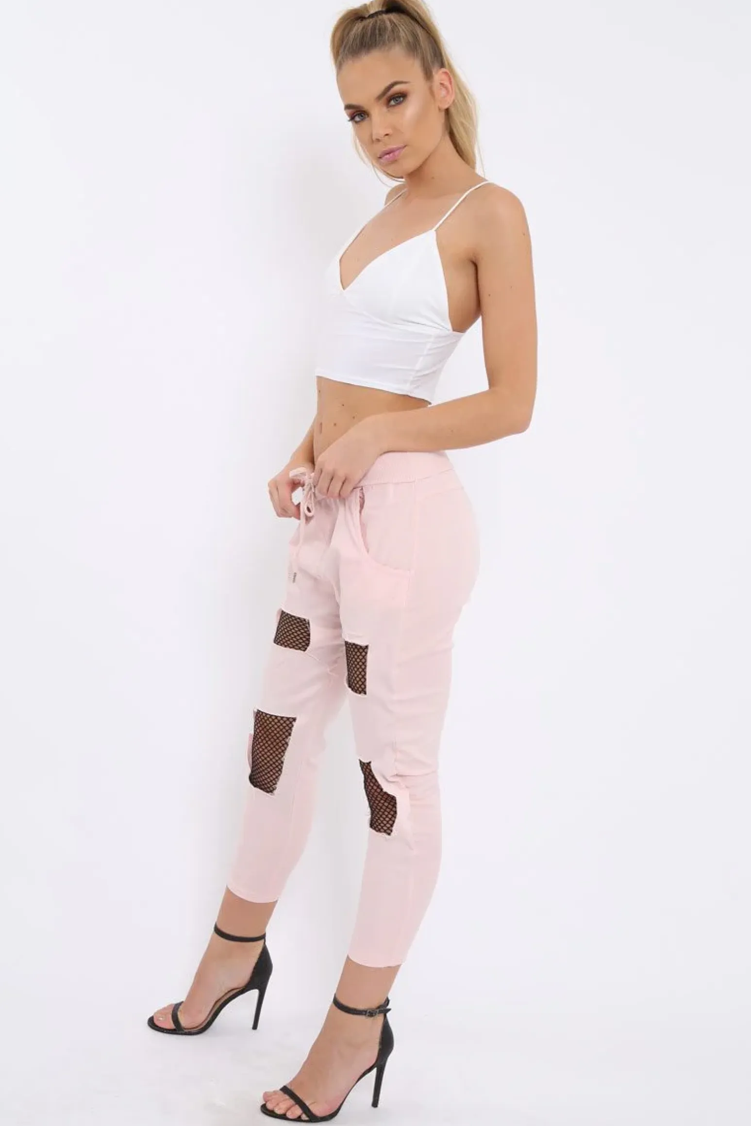 Rebellious Fashion Pink Fish Net Panel Detail Joggers - Mikaela