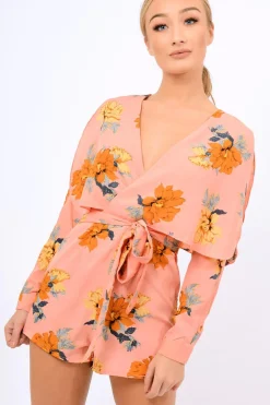 Rebellious Fashion Pink Floral Panel Wrap Playsuit - Ladonna