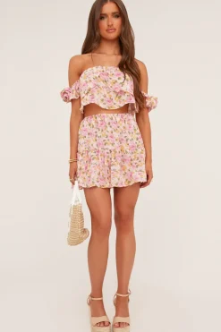 Rebellious Fashion Pink Floral Print Bardot Crop Top & Mini Skirt Co-ord Set - Kayle