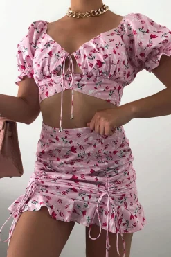 Rebellious Fashion Pink Floral Print Crop Top + Frill Skirt Set - Abryana