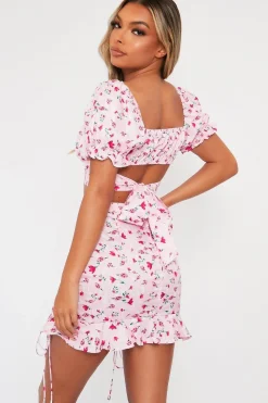 Rebellious Fashion Pink Floral Print Crop Top + Frill Skirt Set - Abryana