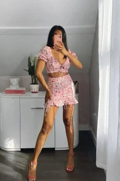 Rebellious Fashion Pink Floral Print Crop Top + Frill Skirt Set - Abryana