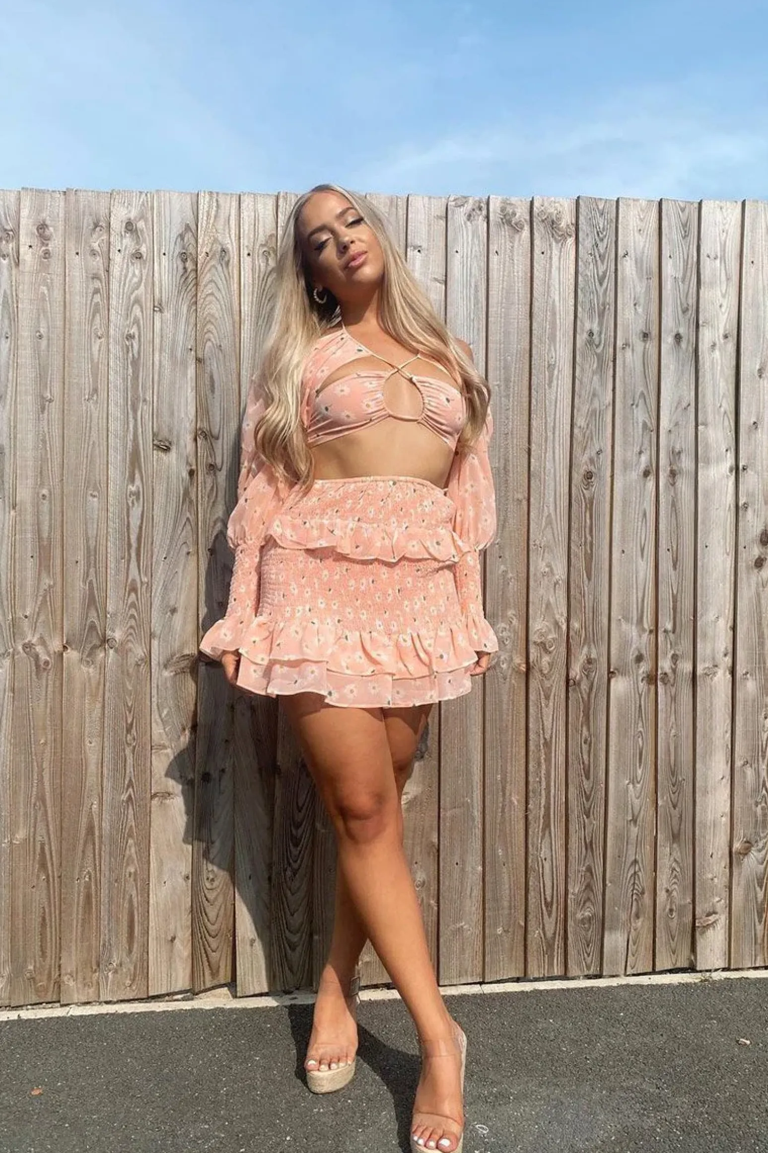 Rebellious Fashion Pink Floral Print Lace Up Crop Top & Shirred Skirt Set - Adelei