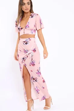 Rebellious Fashion Pink Floral Print Split Maxi Skirt- Shayna