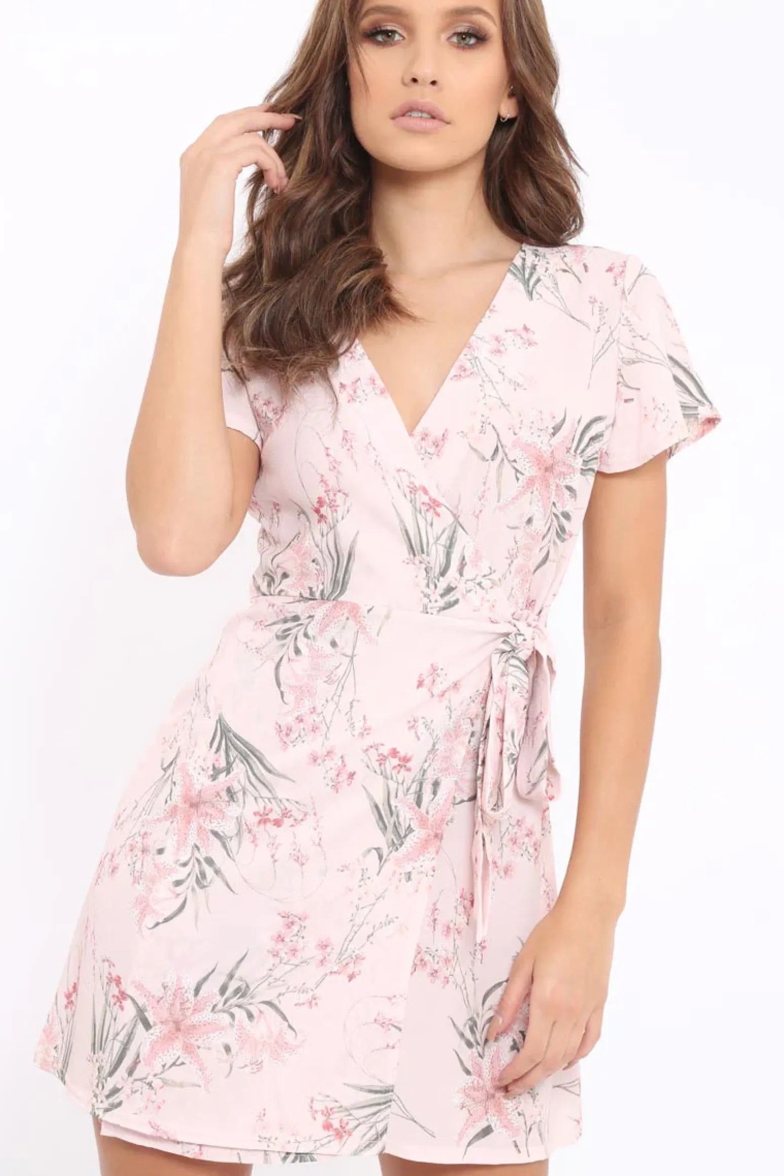 Rebellious Fashion Pink Floral Print Wrap Dress - Norie