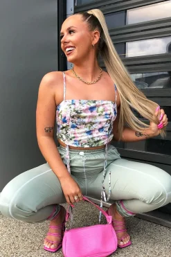 Rebellious Fashion Pink Floral Ruched Front Crop Top - Pandora