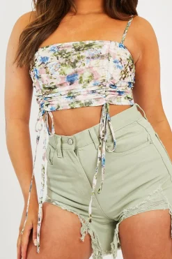 Rebellious Fashion Pink Floral Ruched Front Crop Top - Pandora