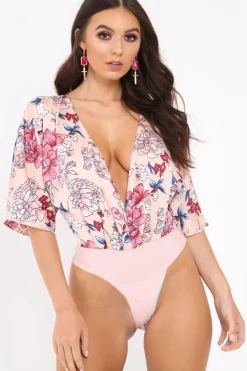 Rebellious Fashion Pink Floral Satin Plunge Bodysuit - Feona
