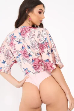 Rebellious Fashion Pink Floral Satin Plunge Bodysuit - Feona
