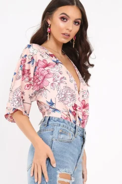 Rebellious Fashion Pink Floral Satin Plunge Bodysuit - Feona