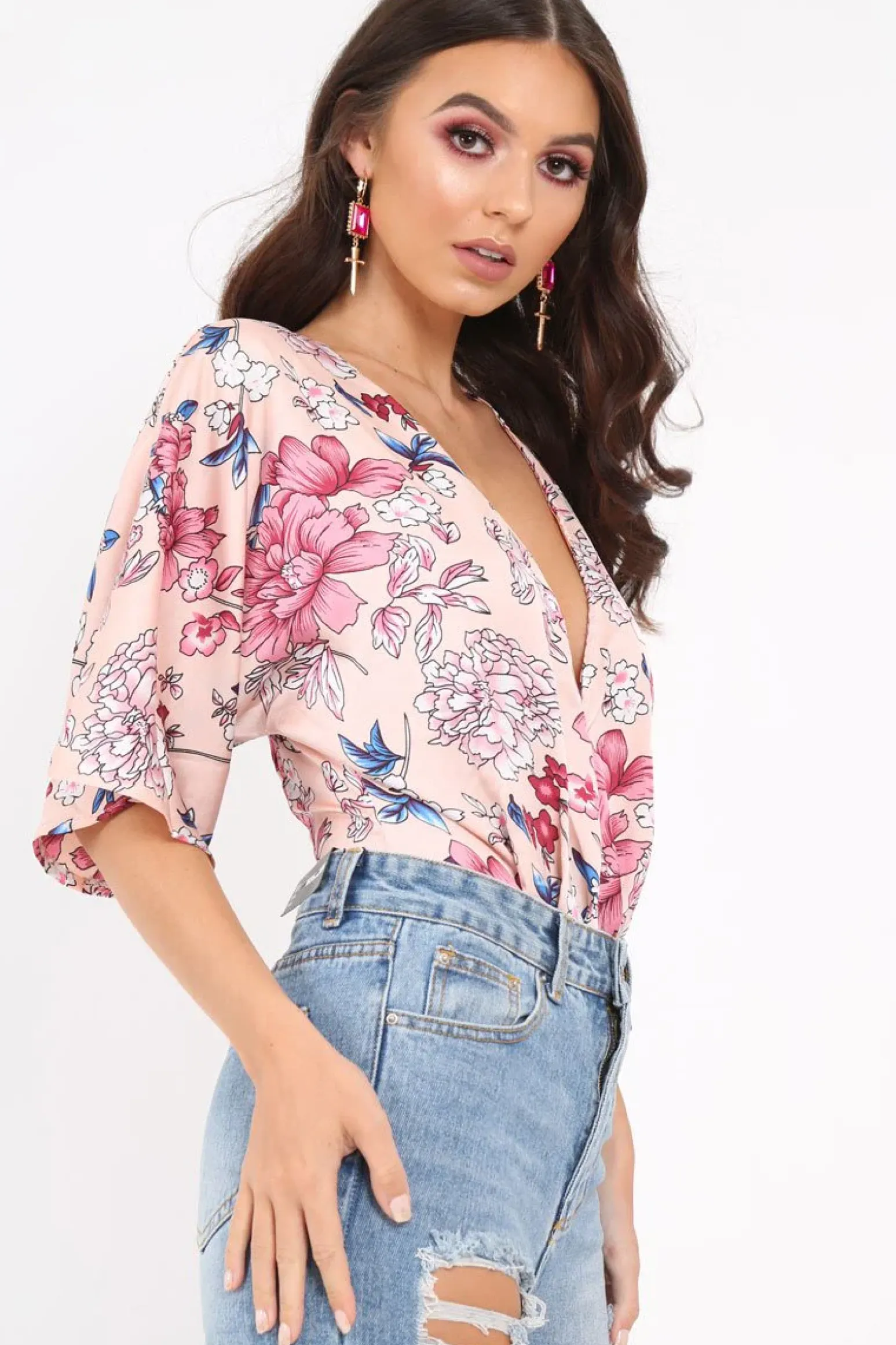 Rebellious Fashion Pink Floral Satin Plunge Bodysuit - Feona
