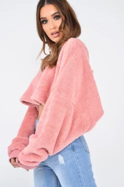Rebellious Fashion Pink Fluffy Long Sleeve Crop Jumper - Noura