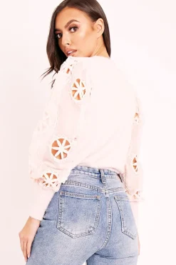 Rebellious Fashion Pink Fluffy Yarn Crochet Mesh Sleeve Jumper - Brigitte