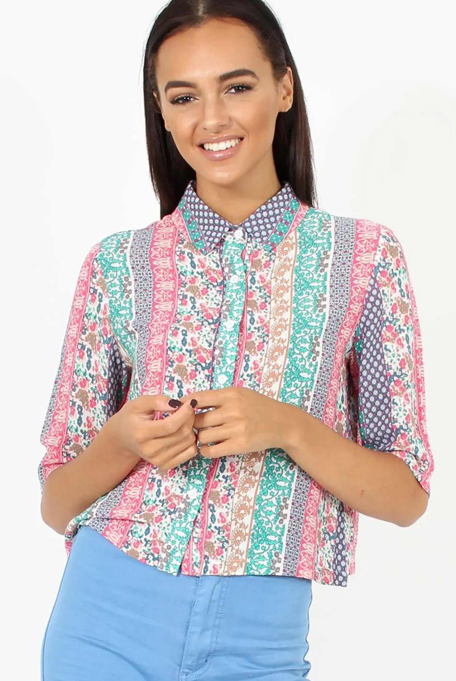 Rebellious Fashion Pink Folk Print Cropped Shirt - Tiff