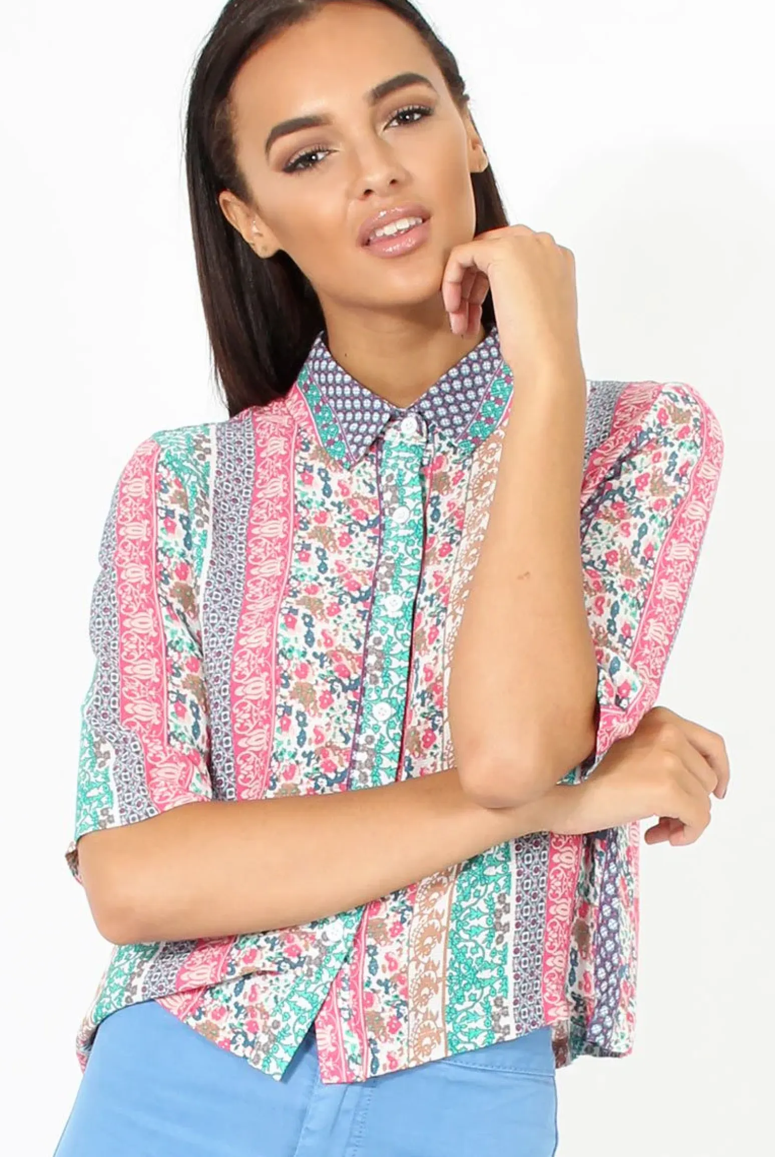 Rebellious Fashion Pink Folk Print Cropped Shirt - Tiff