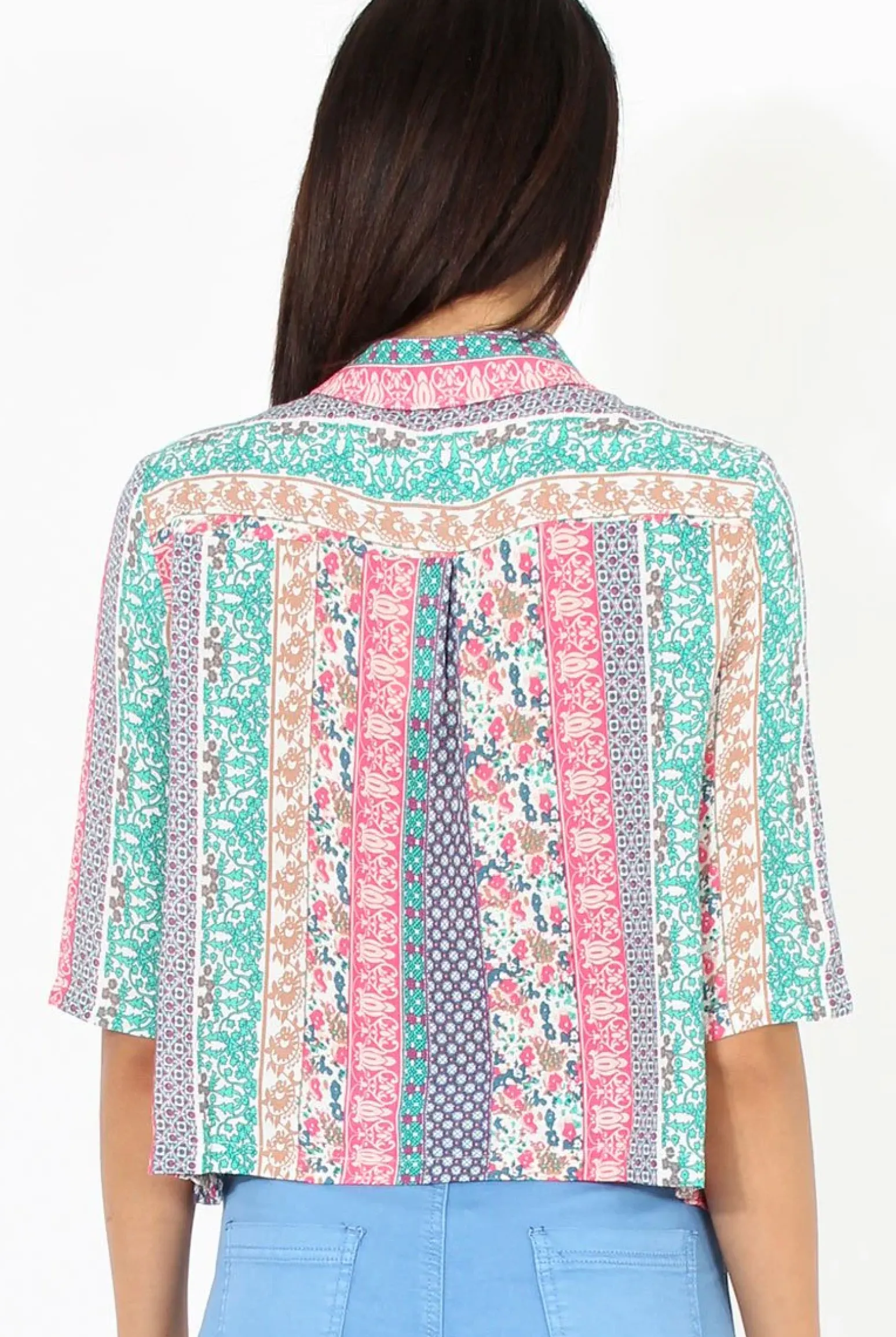 Rebellious Fashion Pink Folk Print Cropped Shirt - Tiff