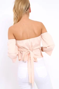 Rebellious Fashion Pink Frill Off Shoulder Tie Crop Top - Halle