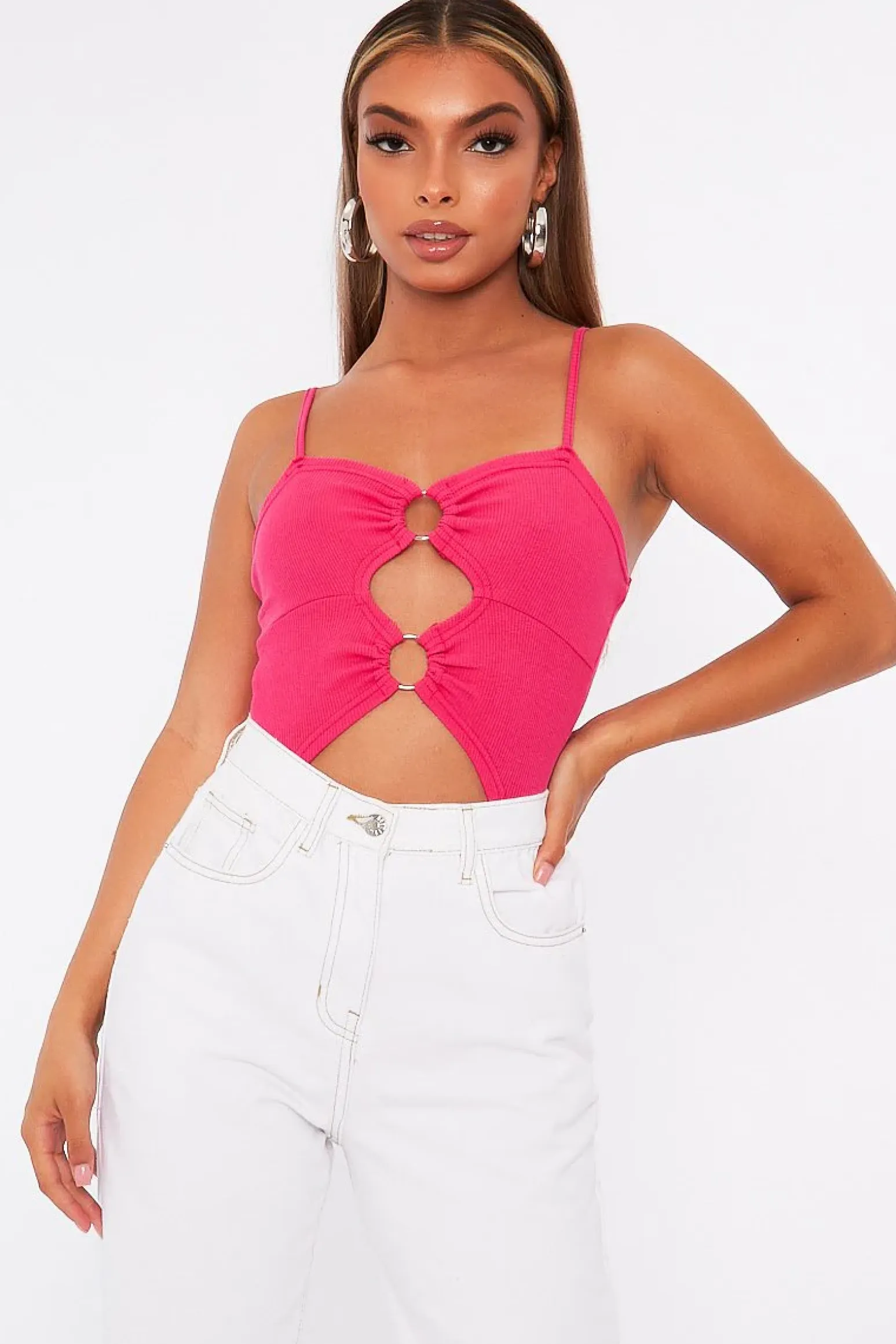 Rebellious Fashion Pink Front Ring Cut Out Ribbed Bodysuit - Ruba