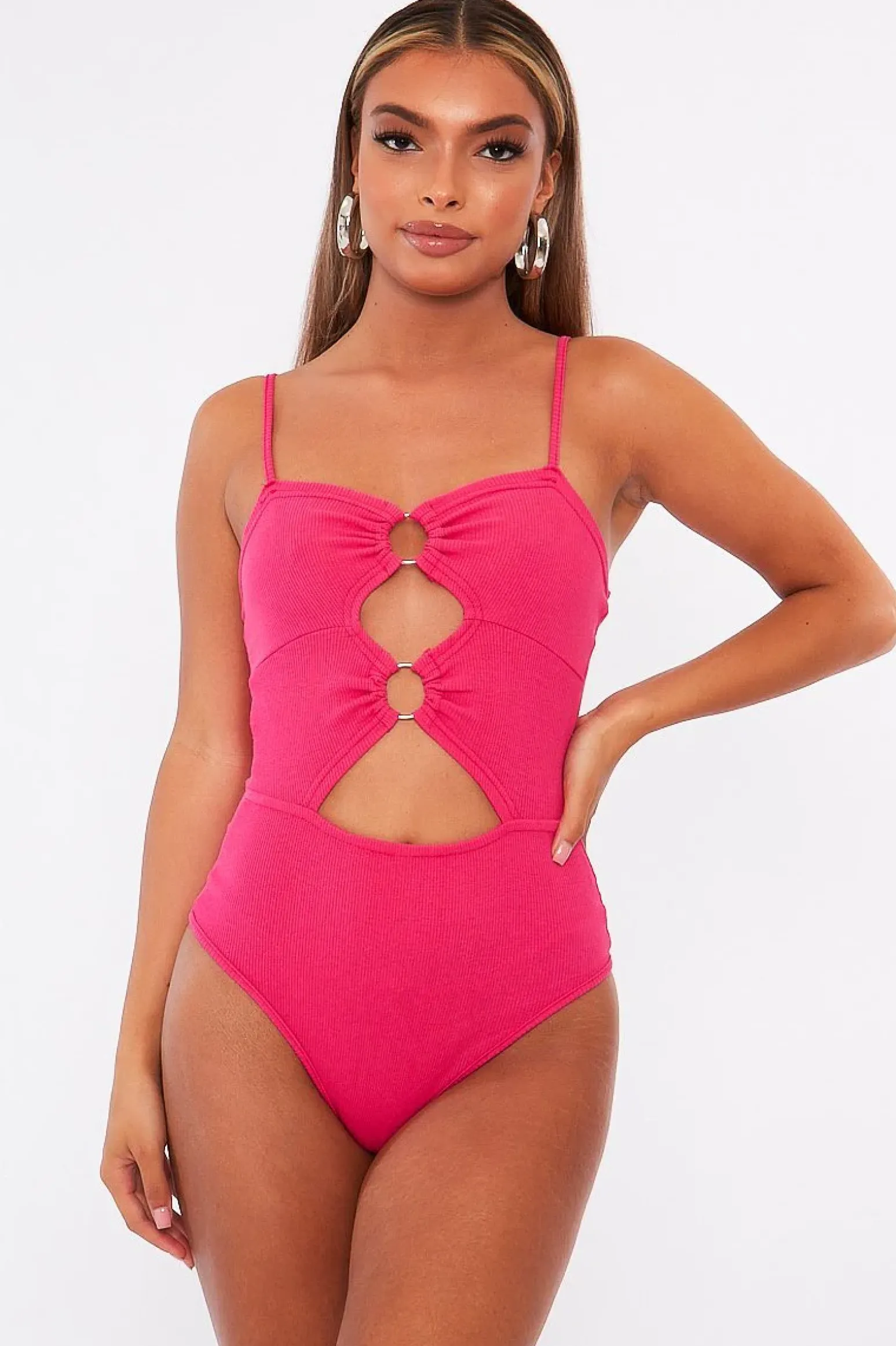 Rebellious Fashion Pink Front Ring Cut Out Ribbed Bodysuit - Ruba