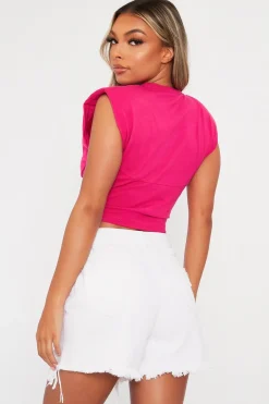 Rebellious Fashion Pink Front Seam Shoulder Pad Crop Top - Cissa